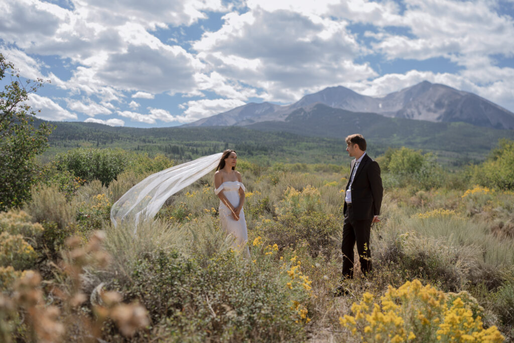 wedding couple in the aspen valley with views of mt. sopris